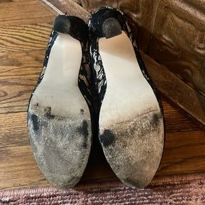 Madden Girl black lace over champagne colored satin platform heels